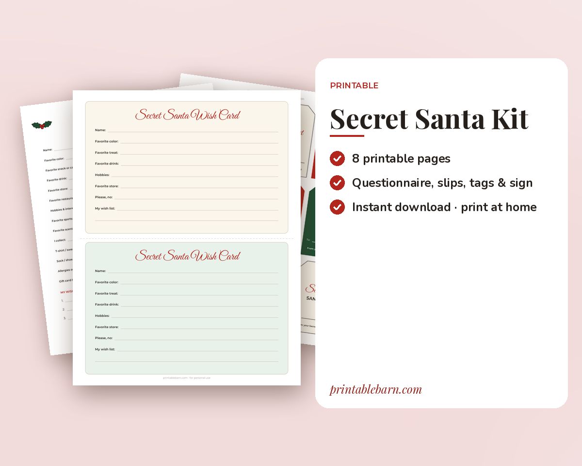 Secret Santa Questionnaire & Gift Exchange Kit Printable: Wish List Form, Office Edition, Name Draw Slips, Gift Tags & Sign printable preview 1