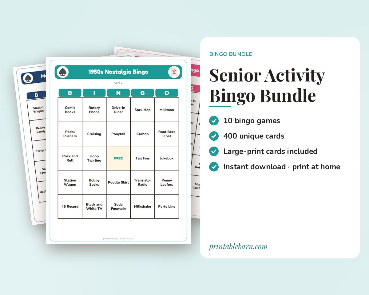 Senior Activity Bingo Bundle: 10 Large-Print Bingo Games for Assisted Living & Memory Care (400 Cards)