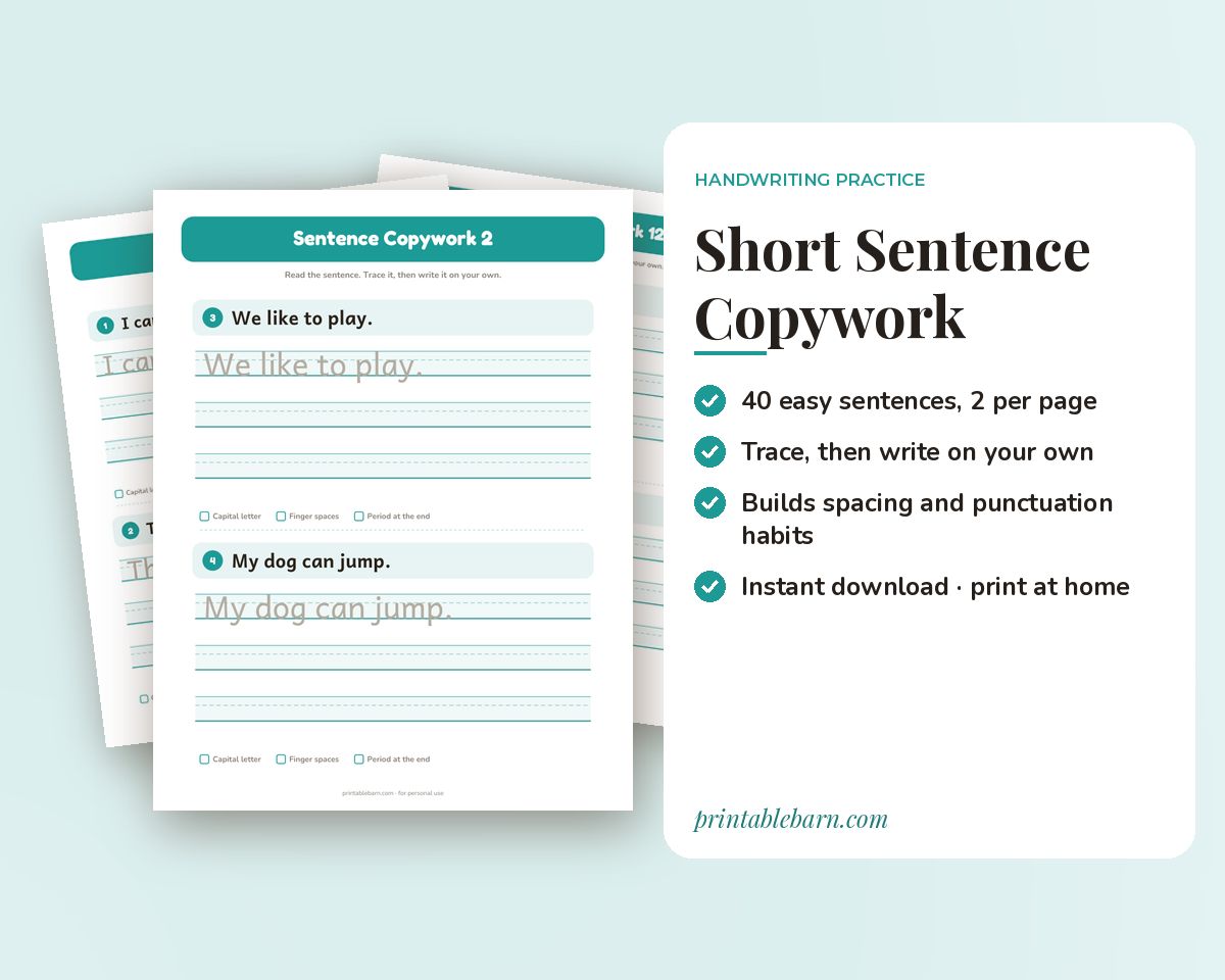 Short Sentence Copywork for Kindergarten & 1st Grade: 40 Sentences (Printable PDF) printable preview 1