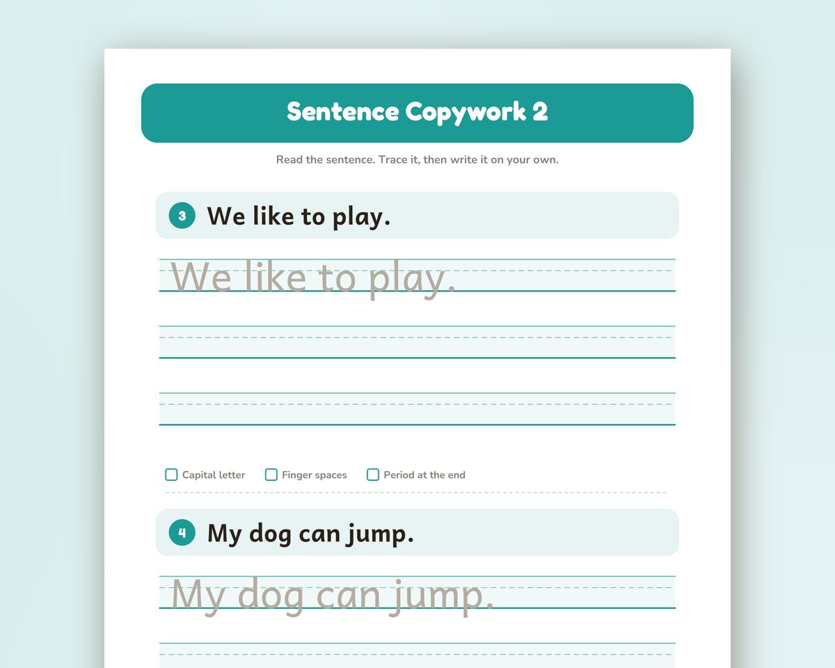 Short Sentence Copywork for Kindergarten & 1st Grade: 40 Sentences (Printable PDF) printable preview 2