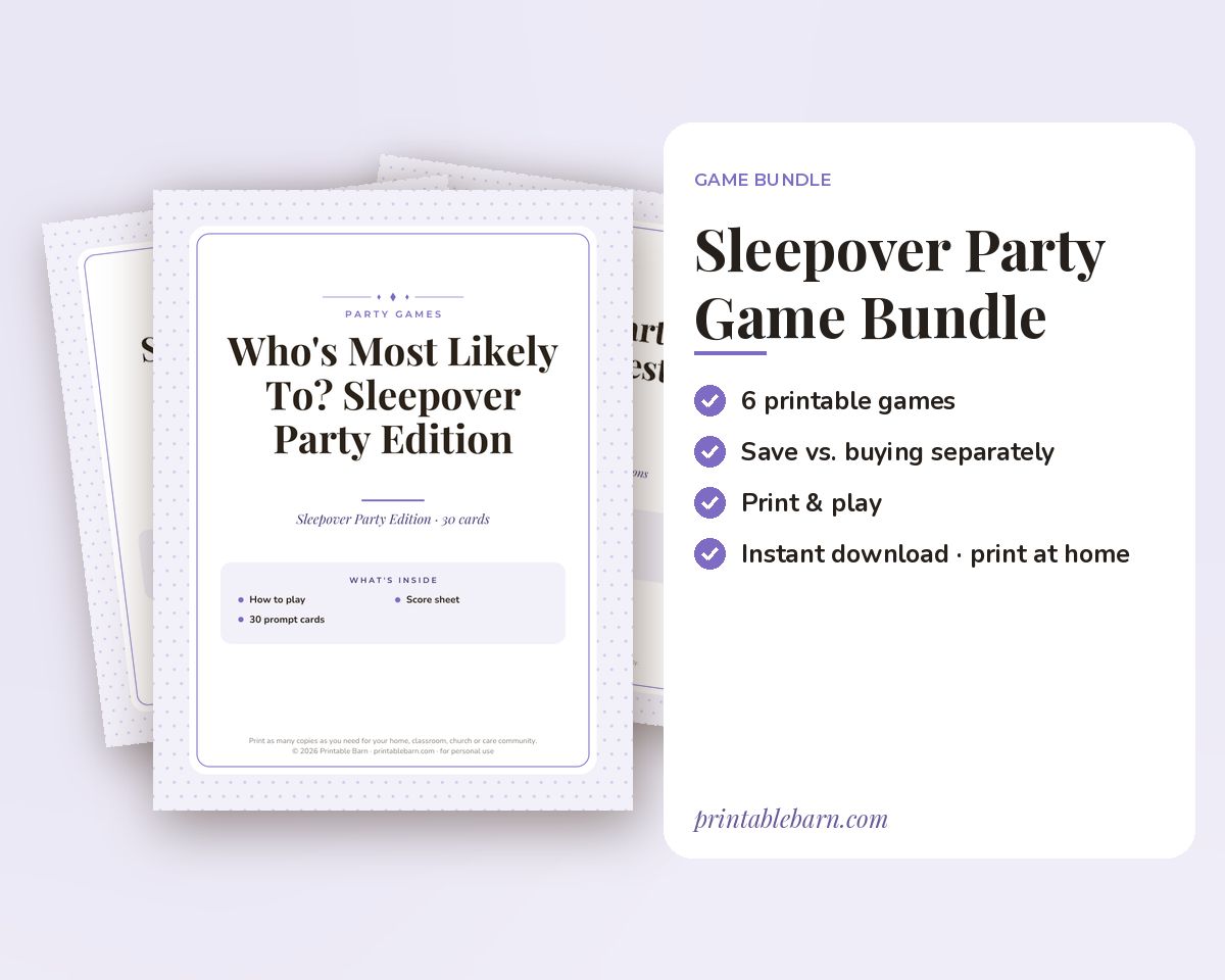 Sleepover Party Games Bundle: 6 Printable Party Games (Would You Rather, Most Likely To, Find the Guest & More) printable preview 1