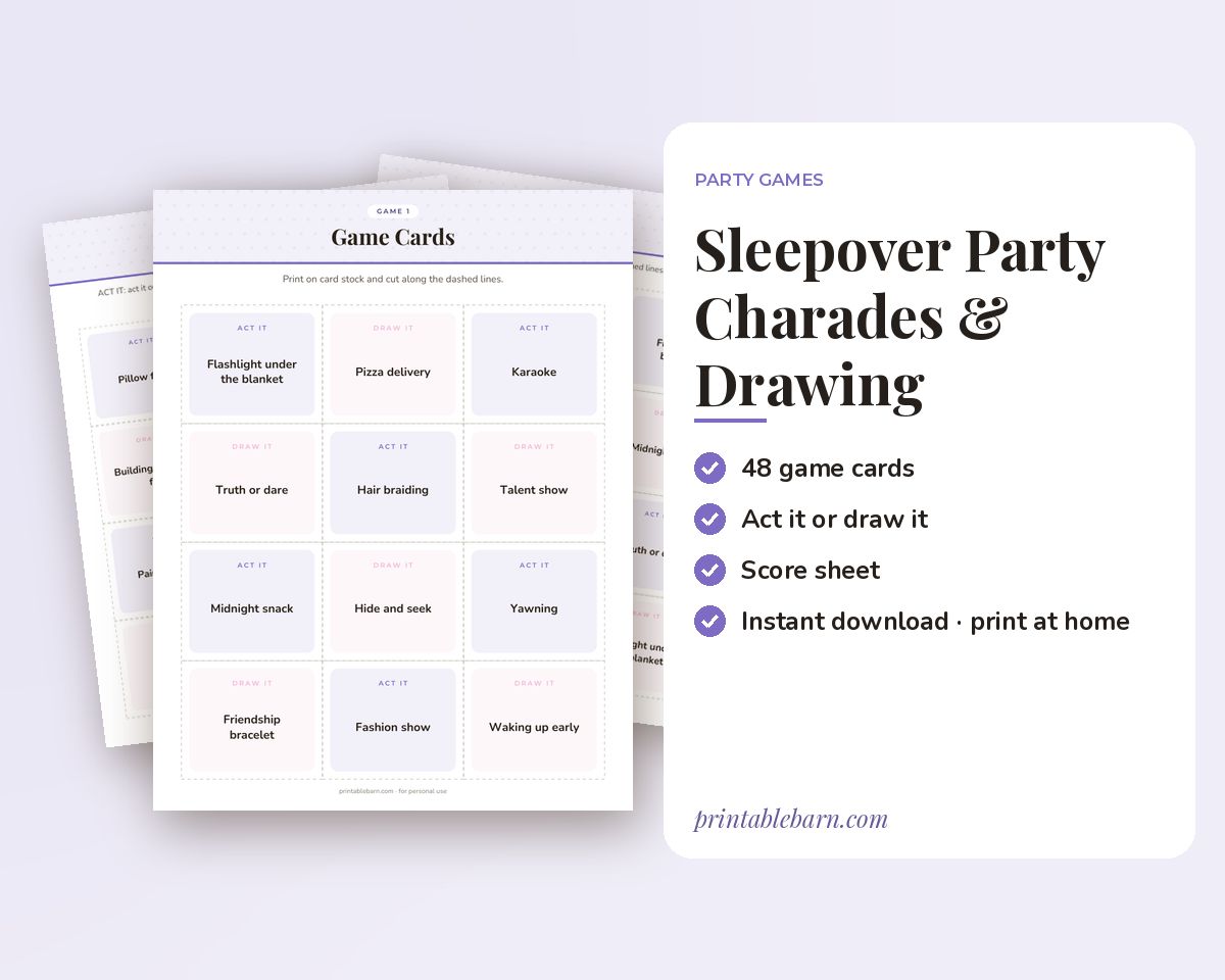Sleepover Party Charades & Drawing Game: 48 Printable Act It / Draw It Cards printable preview 1