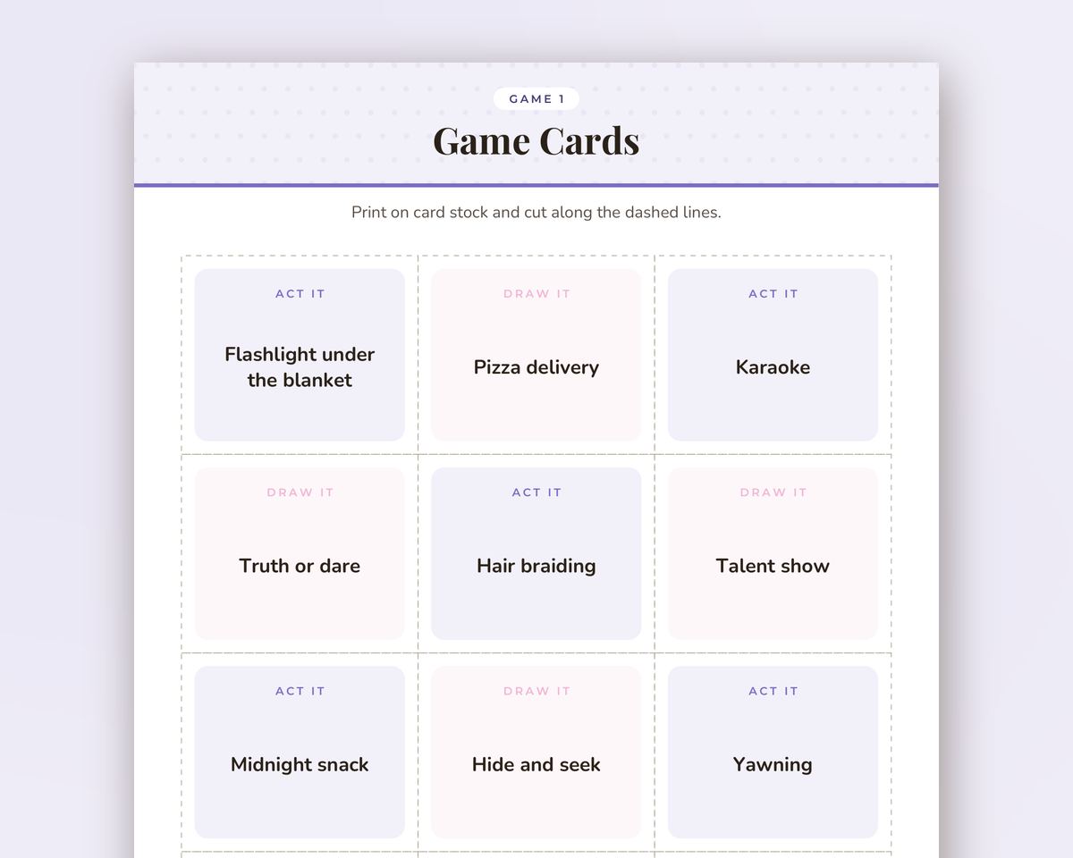 Sleepover Party Charades & Drawing Game: 48 Printable Act It / Draw It Cards printable preview 2