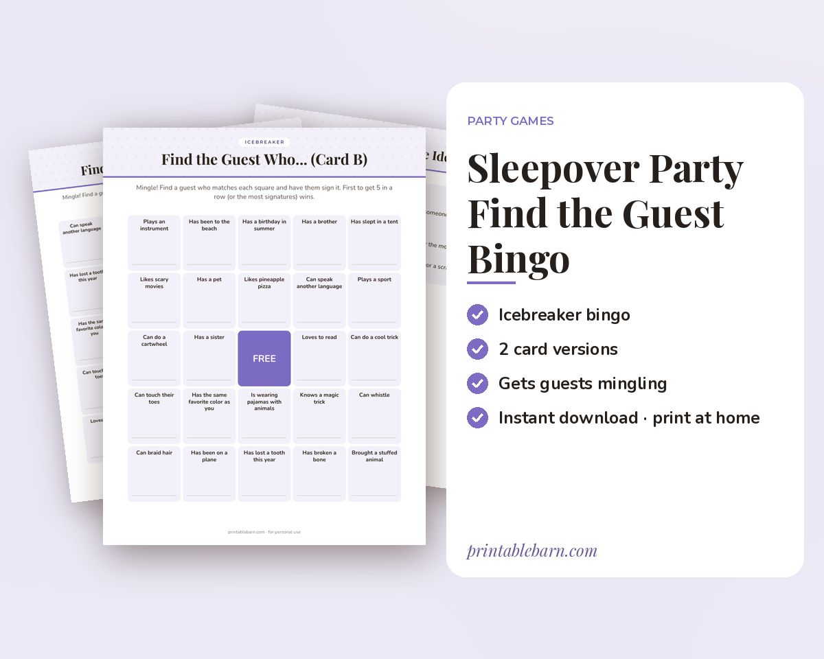 Sleepover Party Find the Guest Bingo: Printable Icebreaker Game (2 Card Versions) printable preview 1