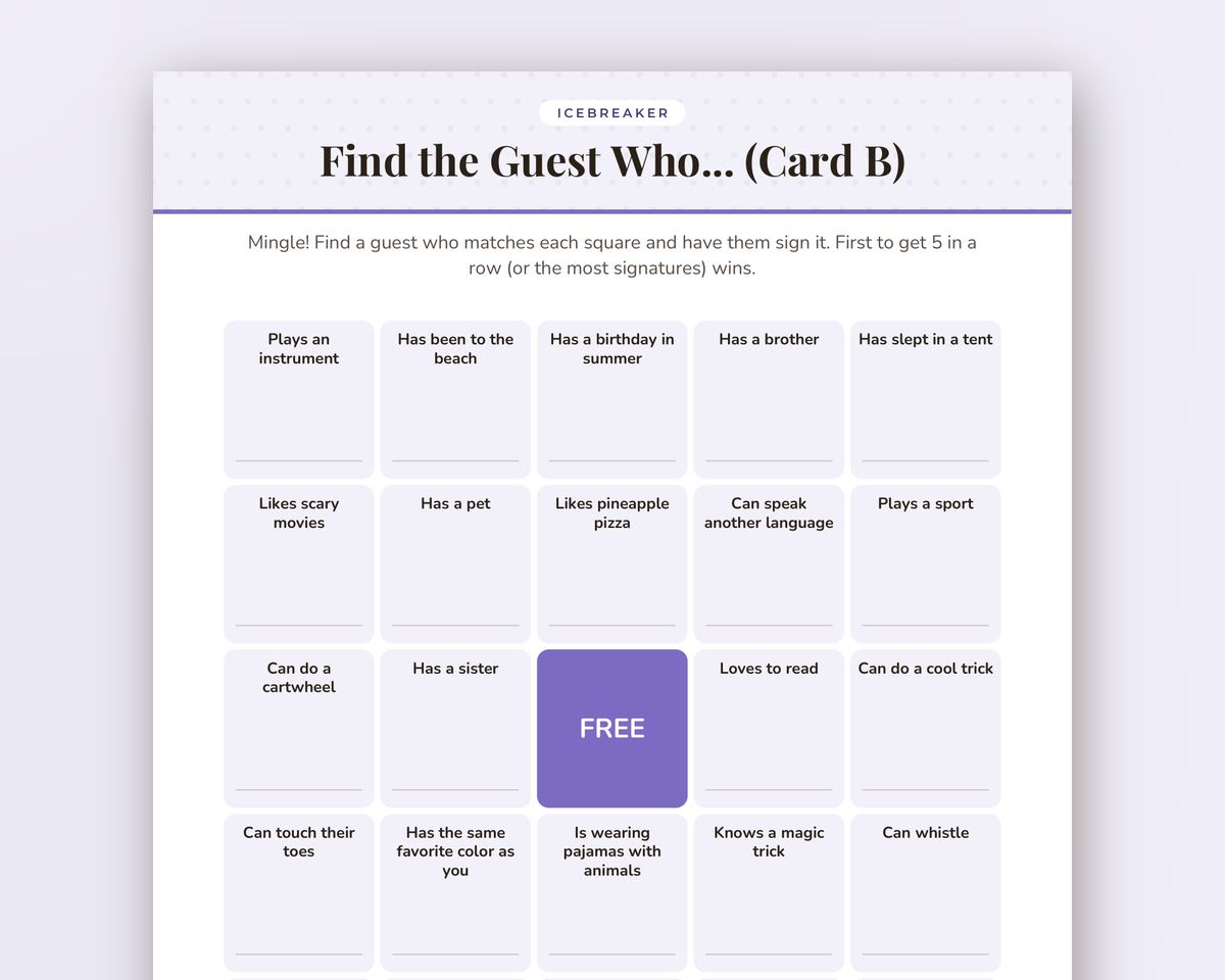 Sleepover Party Find the Guest Bingo: Printable Icebreaker Game (2 Card Versions) printable preview 2