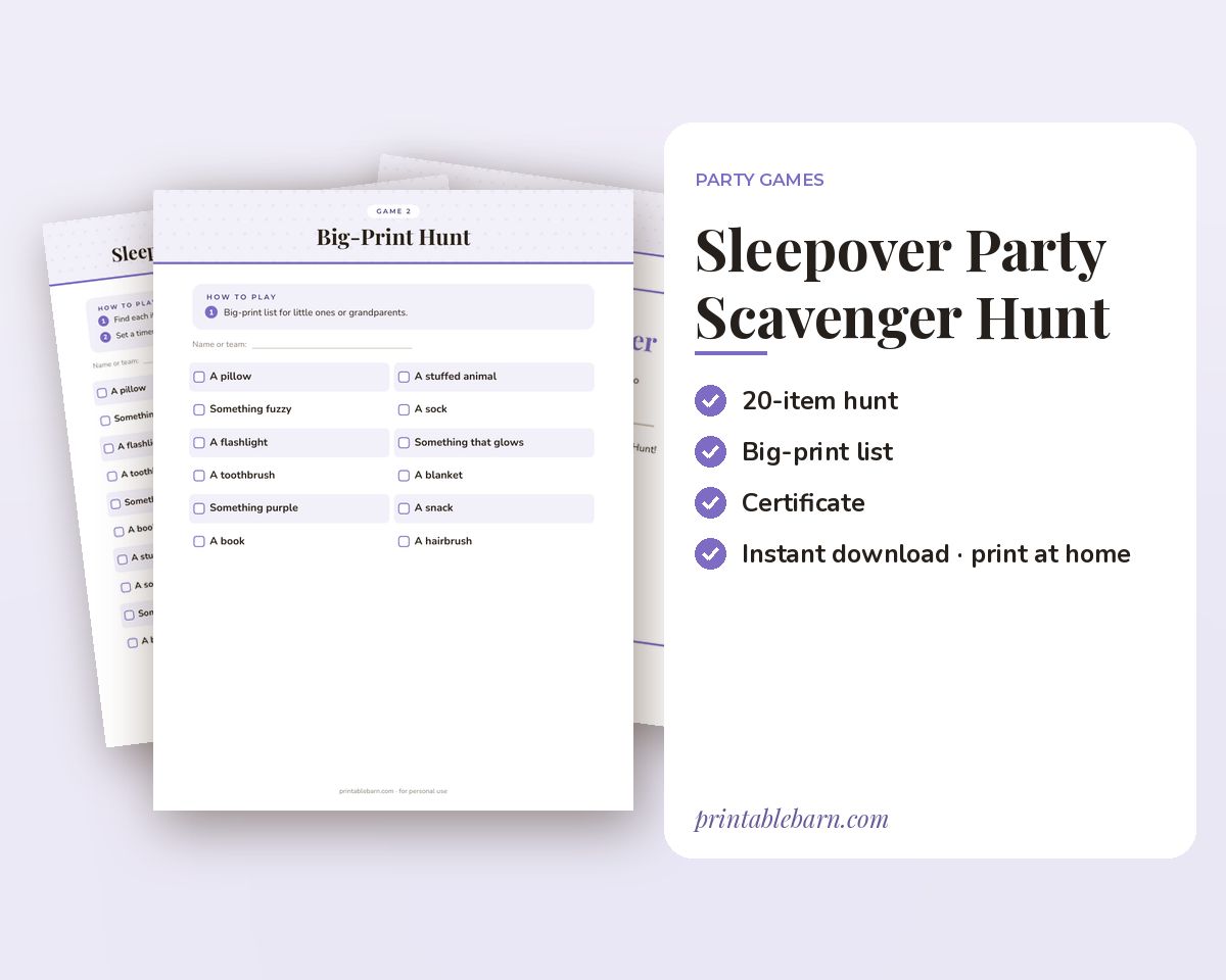 Sleepover Party Scavenger Hunt: Printable Indoor Hunt for Kids & Families printable preview 1