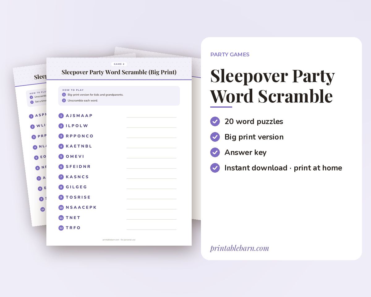 Sleepover Party Word Scramble Game: 20 Printable Word Puzzles with Answer Key printable preview 1