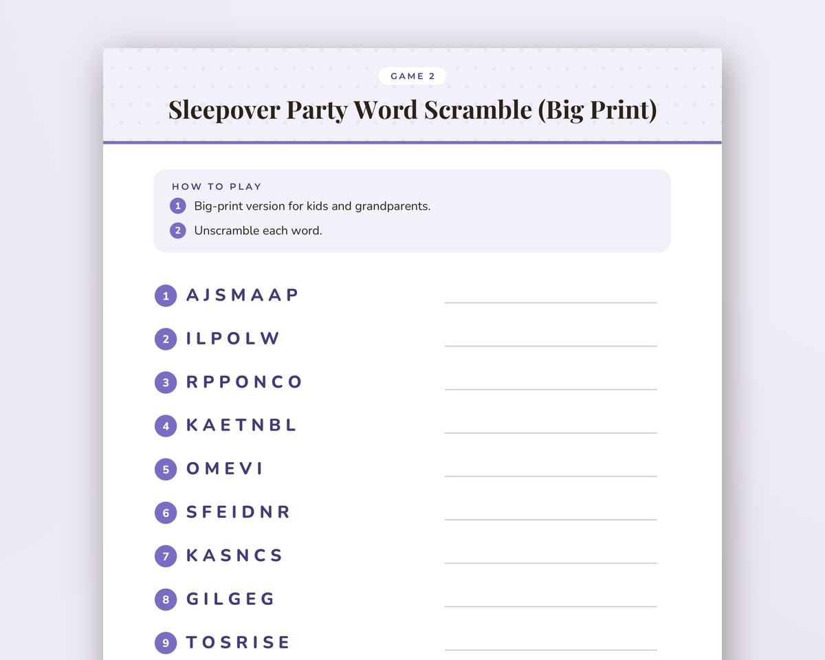 Free printable Sleepover Party Word Scramble Game sample page