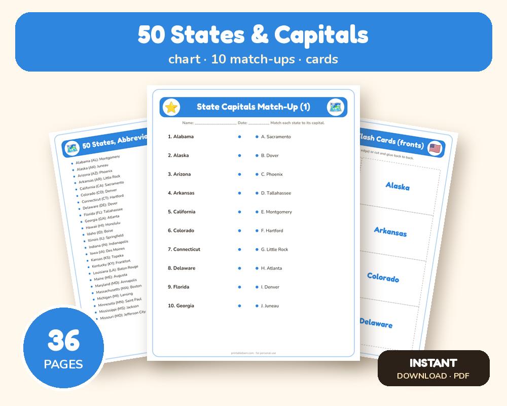 50 States and Capitals Worksheets: Reference Chart, Match-Ups & Flash Cards
