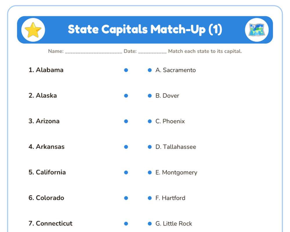 Free printable 50 States and Capitals sample page