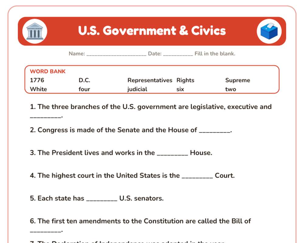 U.S. Government & Civics Worksheets: Three Branches, Fill-In & Match-Up printable preview 2