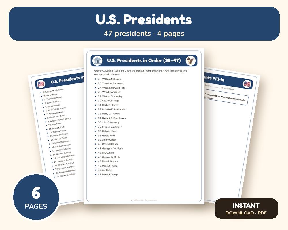 U.S. Presidents Worksheets: All 47 Presidents in Order, Fill-In & Word Search