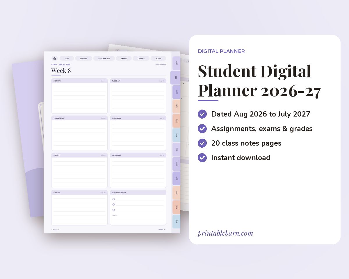 Student Digital Planner 2026-2027: Dated Academic iPad Planner for GoodNotes & Notability printable preview 1