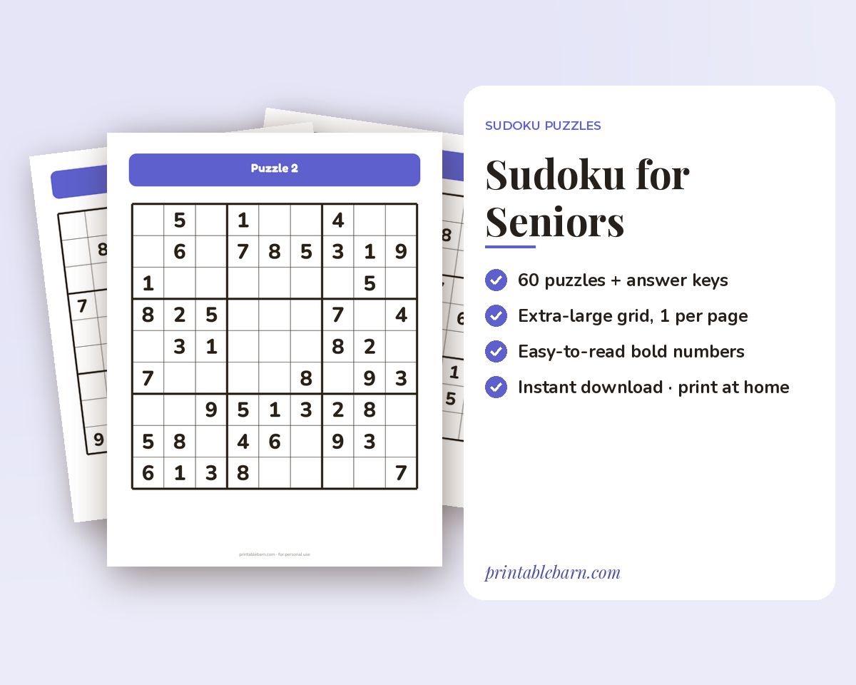 Sudoku for Seniors: 60 Extra-Large Print Easy Puzzles, One Per Page (Printable PDF)