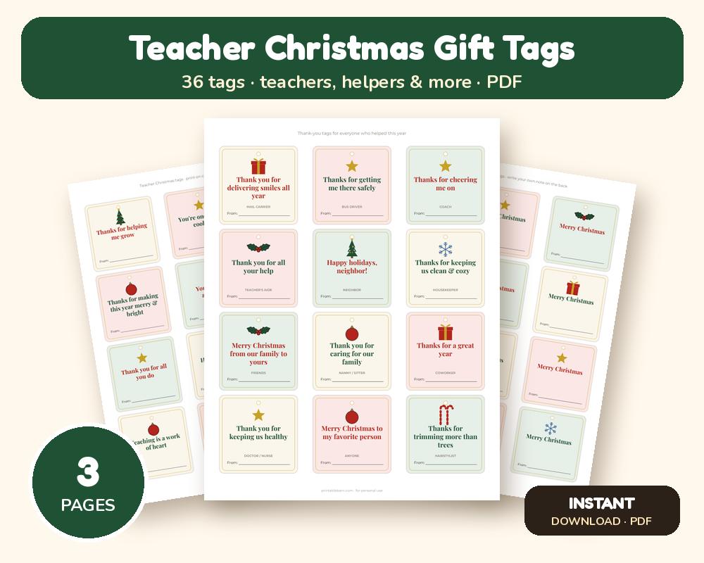 Teacher Christmas Gift Tags Printable: 36 Thank-You Tags for Teachers, Bus Drivers, Coaches, Neighbors & More