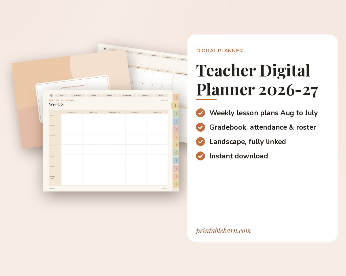 Teacher Digital Planner 2026-2027: Dated Landscape Lesson Planner with Gradebook for GoodNotes