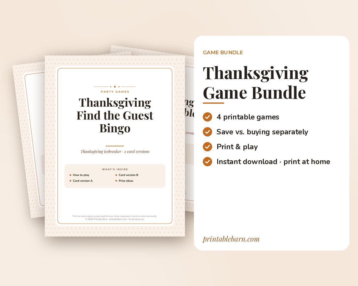 Thanksgiving Games Bundle: 6 Printable Party Games (Would You Rather, Most Likely To, Find the Guest & More) printable preview 1