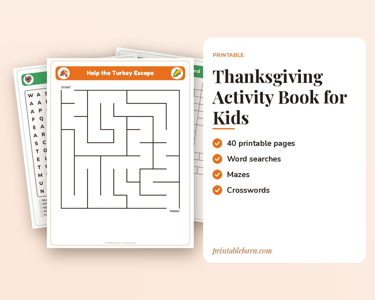 Thanksgiving Activity Book for Kids: 30+ Pages of Word Searches, Mazes, Crosswords, Games & Writing Prompts printable preview 1
