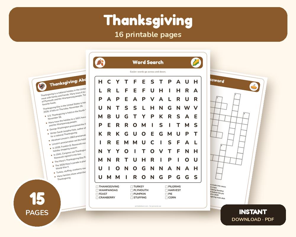 Thanksgiving Activity Pack: Puzzles, Facts & Quiz printable preview 1