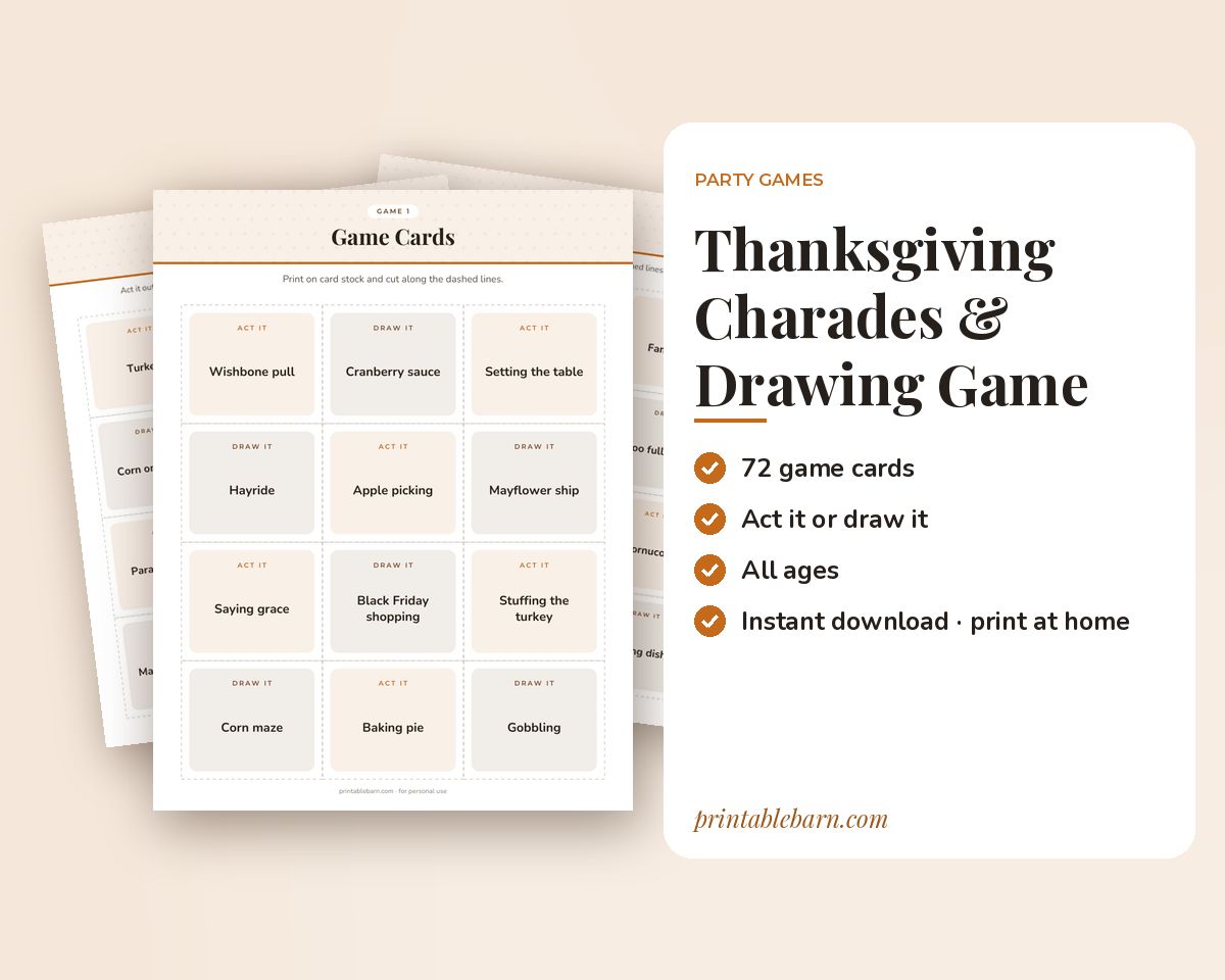 Thanksgiving Charades & Drawing Game Cards: 72 Printable Act It / Draw It Game Cards printable preview 1