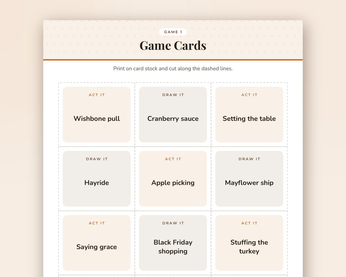 Thanksgiving Charades & Drawing Game Cards: 72 Printable Act It / Draw It Game Cards printable preview 2
