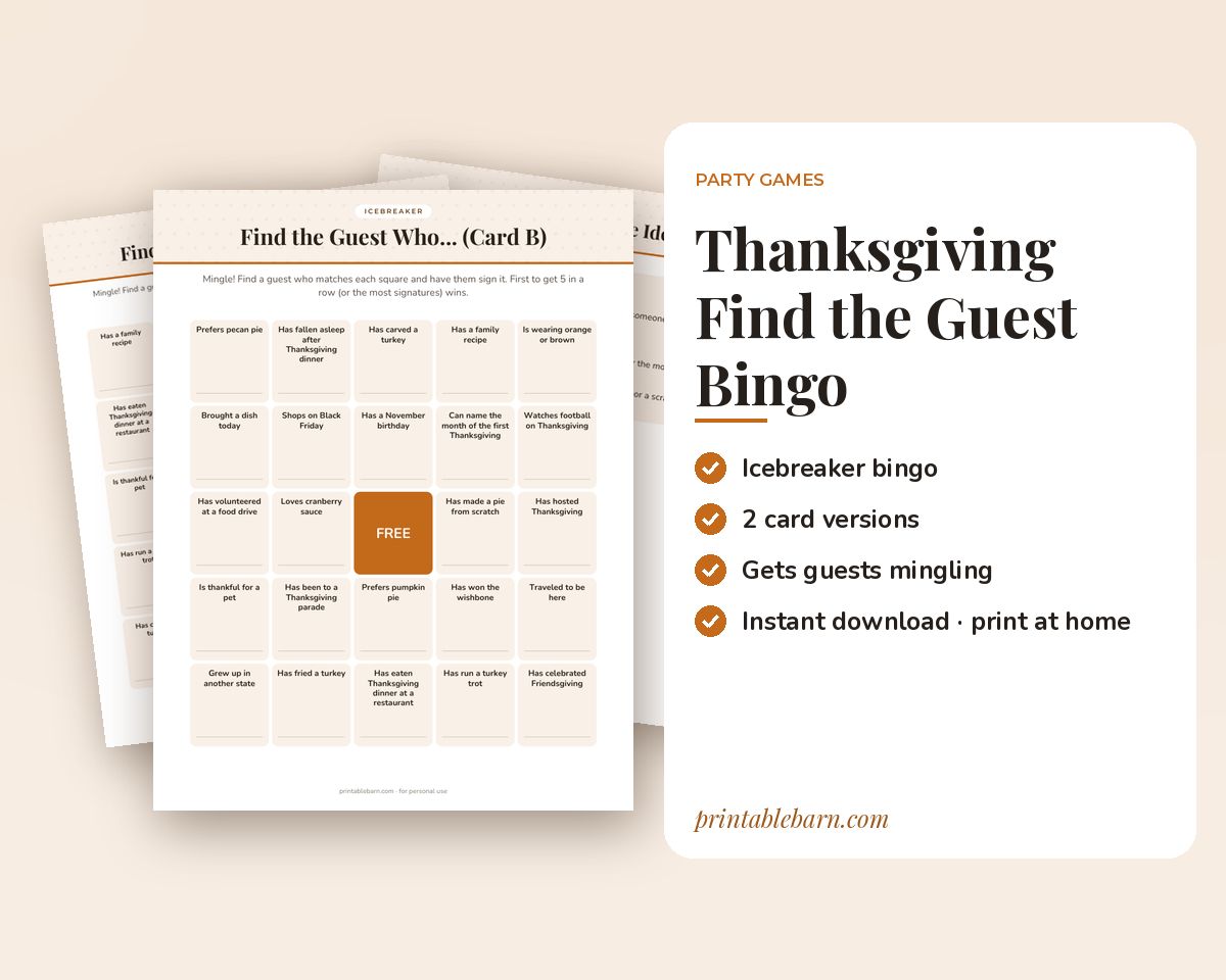Thanksgiving Find the Guest Bingo: Printable Icebreaker Game (2 Card Versions) printable preview 1