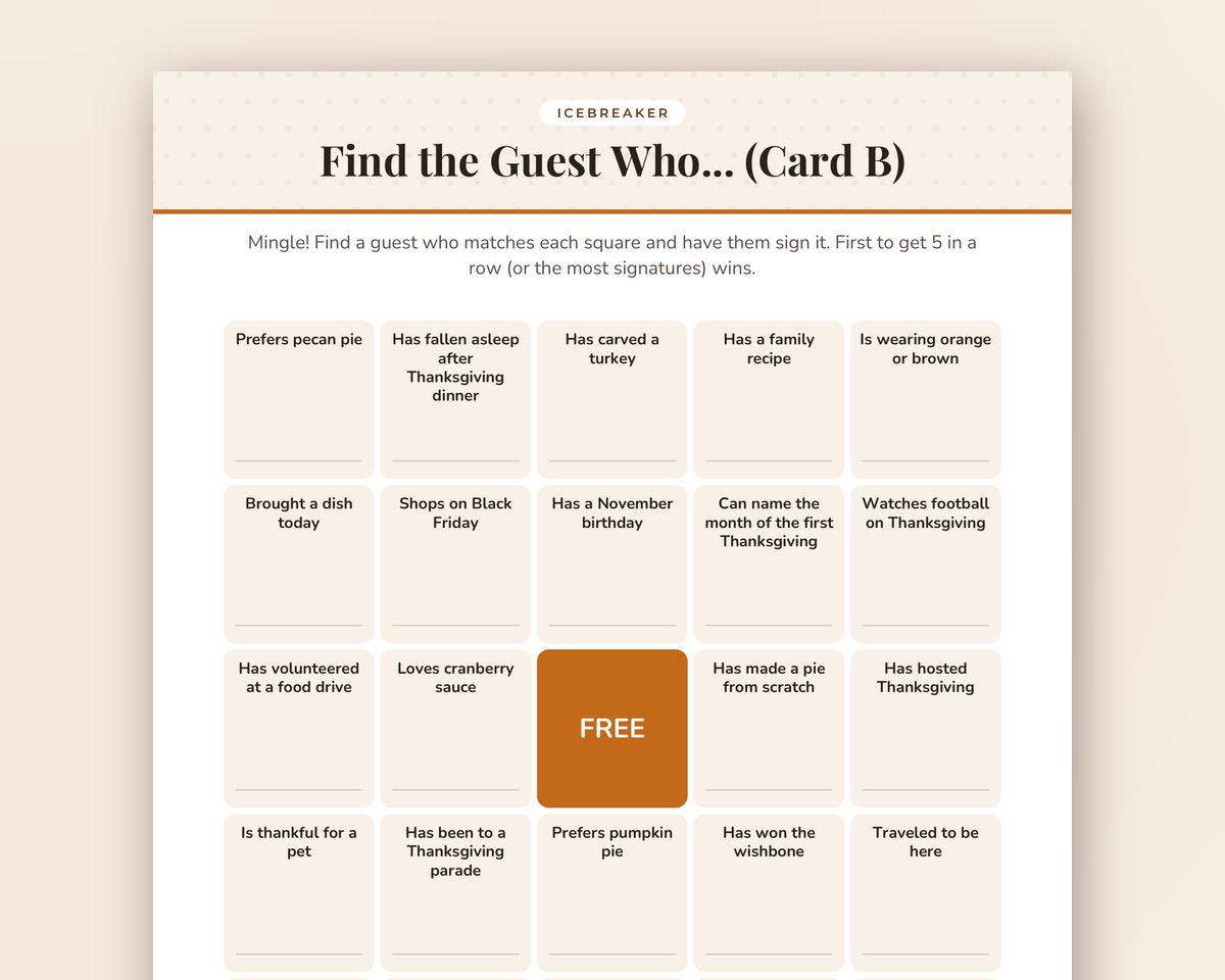 Free printable Thanksgiving Find the Guest Bingo sample page