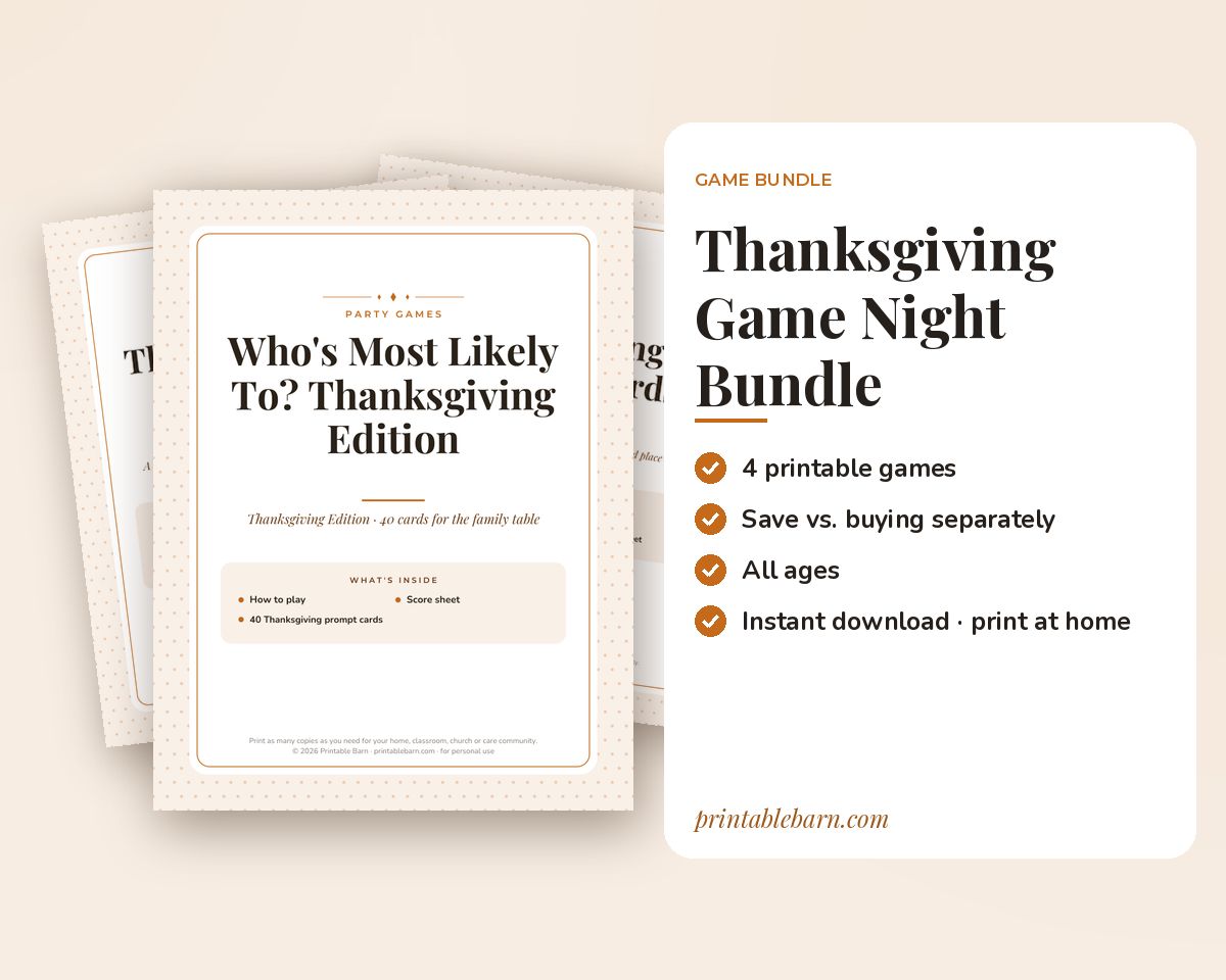 Thanksgiving Game Night Bundle: 4 Printable Family Games (Left Right, Most Likely To, Gratitude Cards & Charades) printable preview 1