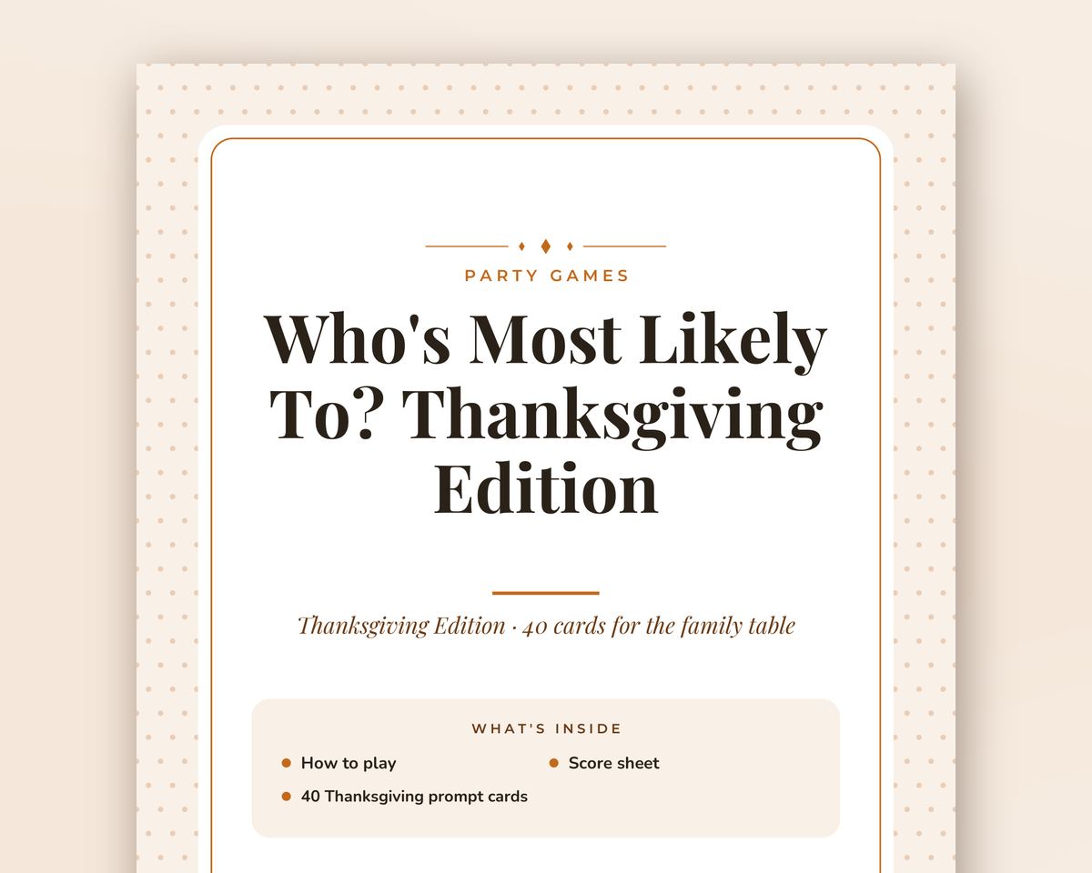 Thanksgiving Game Night Bundle: 4 Printable Family Games (Left Right, Most Likely To, Gratitude Cards & Charades) printable preview 2