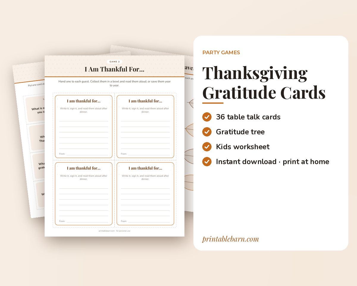 Thanksgiving Gratitude Conversation Cards: 36 Table Talk Cards, Thankful Cards & Gratitude Tree (Printable)