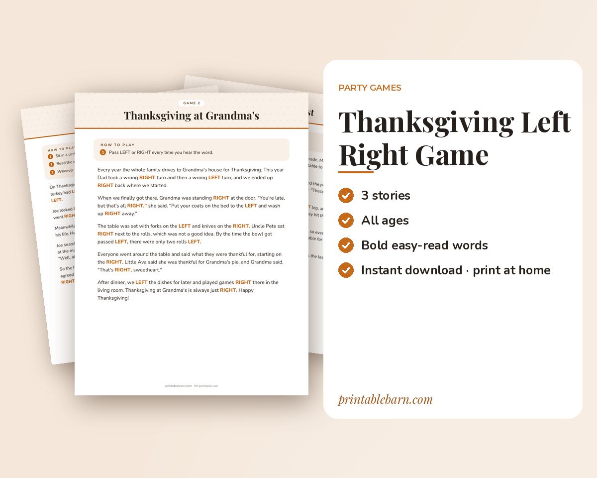 Thanksgiving Left Right Game: 3 Pass-the-Prize Stories for the Family Table (Printable)