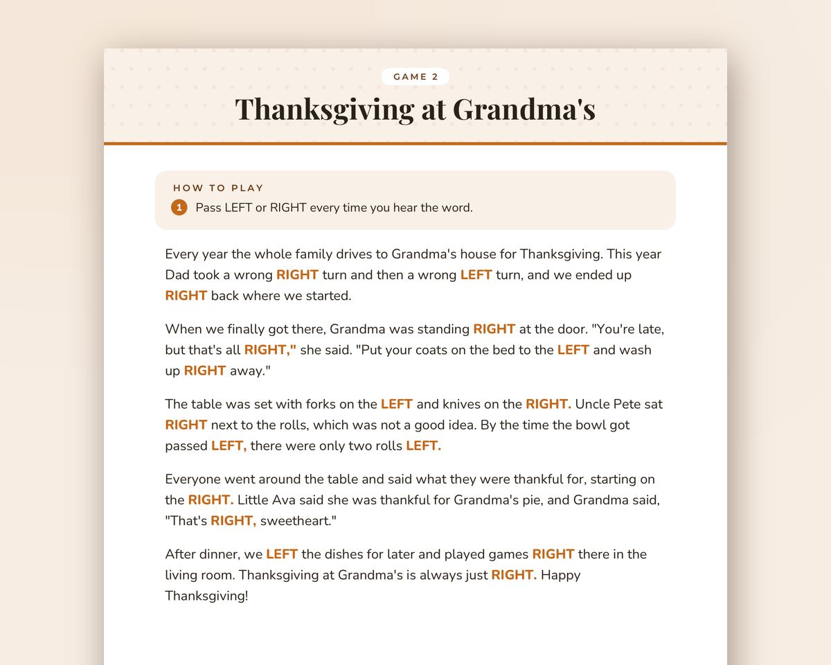 Thanksgiving Left Right Game: 3 Pass-the-Prize Stories for the Family Table (Printable) printable preview 2