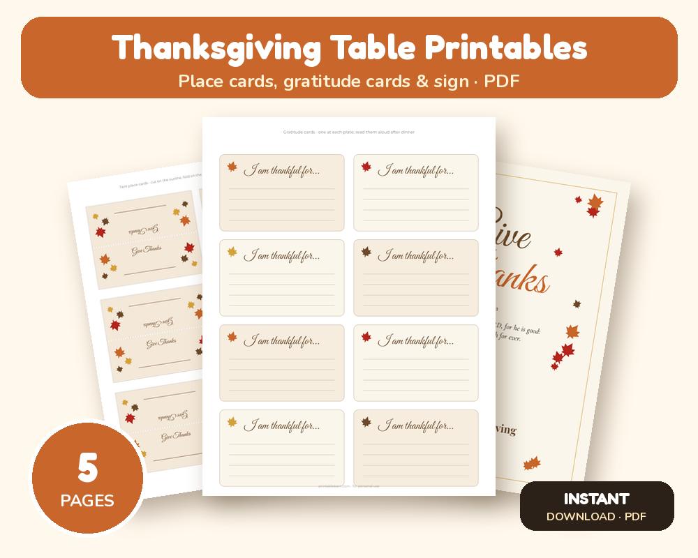 Thanksgiving Place Cards & Gratitude Cards Printable: Tent Name Cards, 'I Am Thankful For' Cards & Table Sign