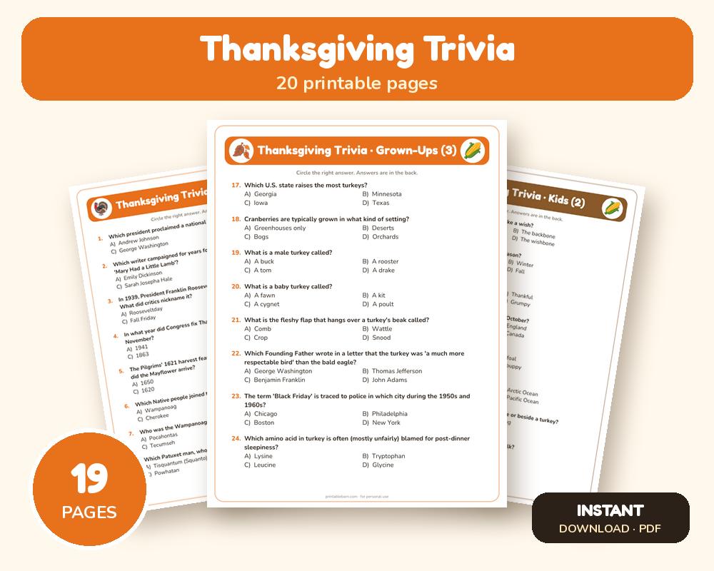 Thanksgiving Trivia: 100 Questions for Grown-Ups, Kids & Seniors printable preview 1