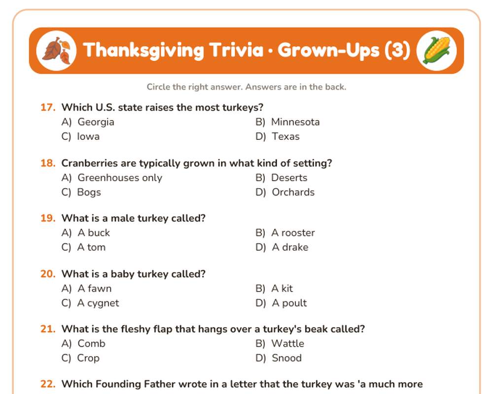 Thanksgiving Trivia: 100 Questions for Grown-Ups, Kids & Seniors printable preview 2