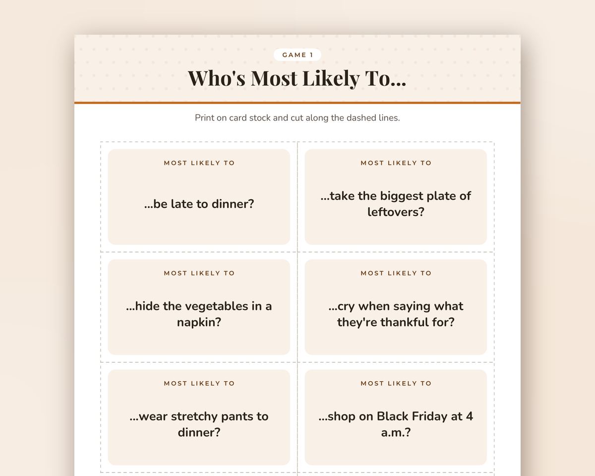 Who's Most Likely To: Thanksgiving Edition, 40 Printable Family Game Cards printable preview 2