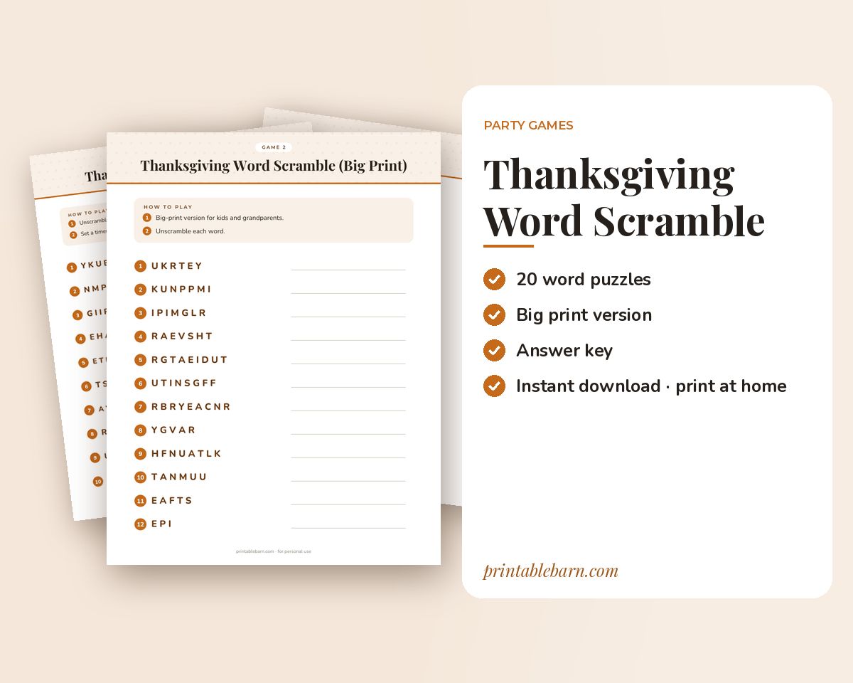 Thanksgiving Word Scramble Game: 20 Printable Word Puzzles with Answer Key printable preview 1