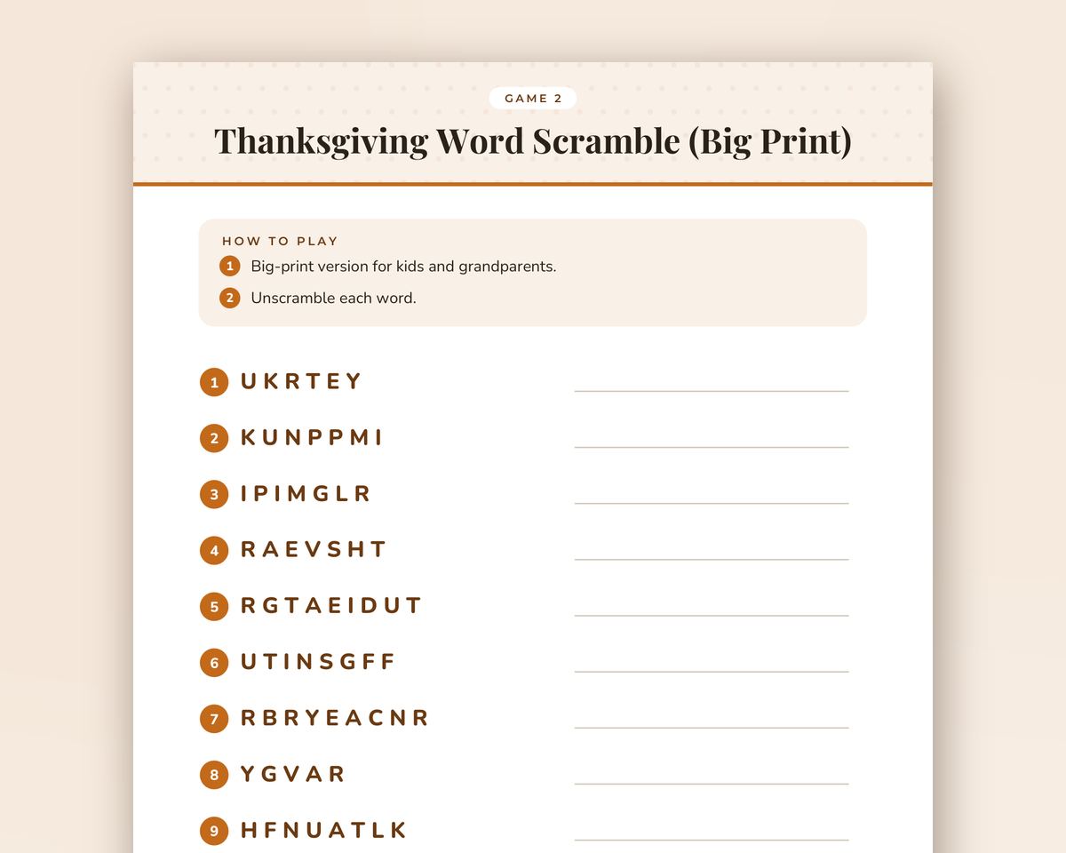 Thanksgiving Word Scramble Game: 20 Printable Word Puzzles with Answer Key printable preview 2