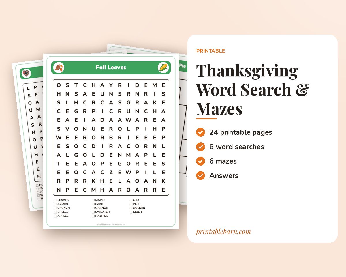 Thanksgiving Word Search & Mazes for Kids: 6 Puzzles + 6 Mazes