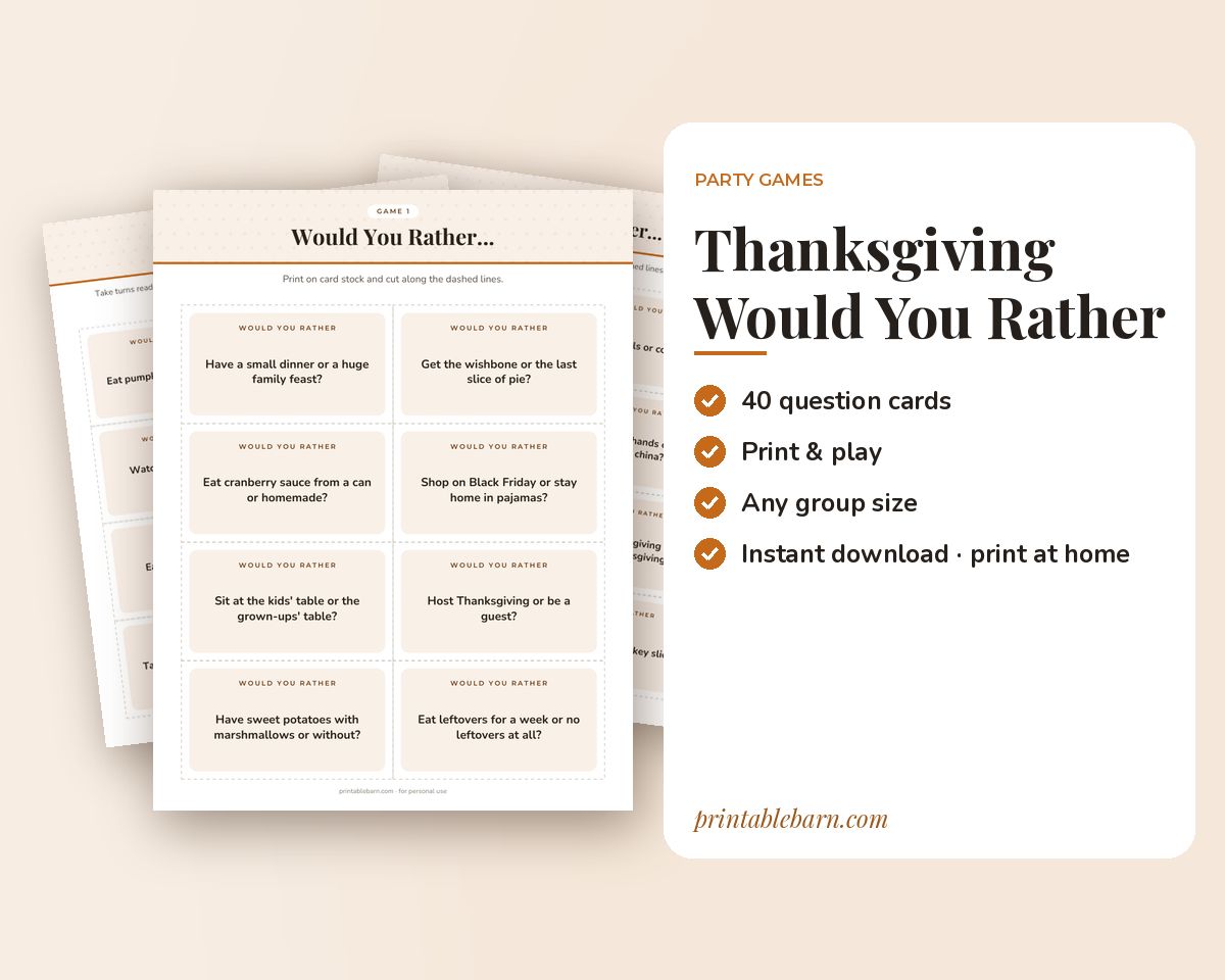 Thanksgiving Would You Rather Game: 40 Printable Question Cards printable preview 1