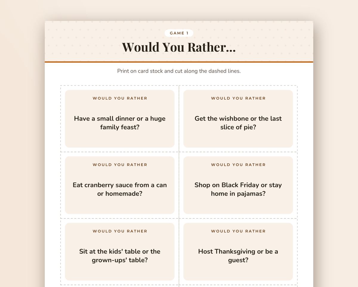 Thanksgiving Would You Rather Game: 40 Printable Question Cards printable preview 2