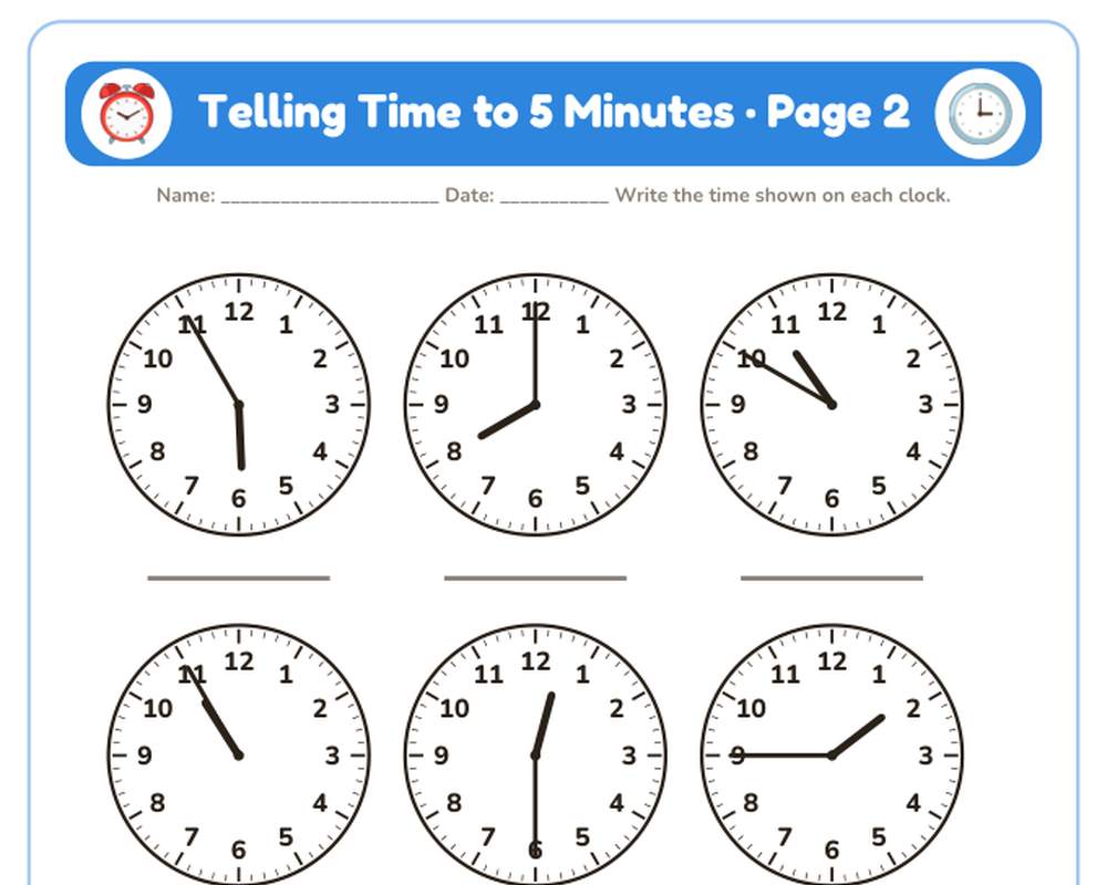 Telling Time to 5 Minutes Worksheets: 6 Printable Pages with Clocks + Answer Key (2nd grade) printable preview 2
