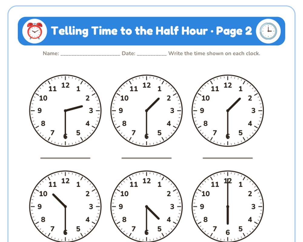 Telling Time to the Half Hour Worksheets: 6 Printable Pages with Clocks + Answer Key (1st grade) printable preview 2