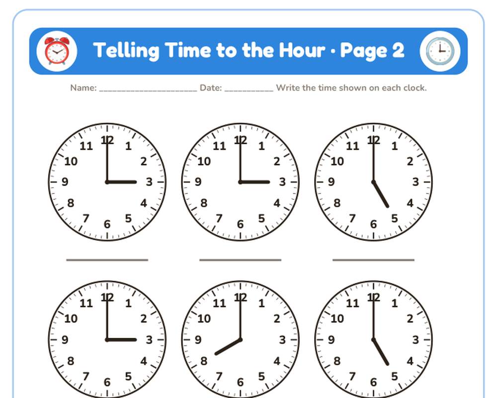 Free printable Telling Time to the Hour sample page