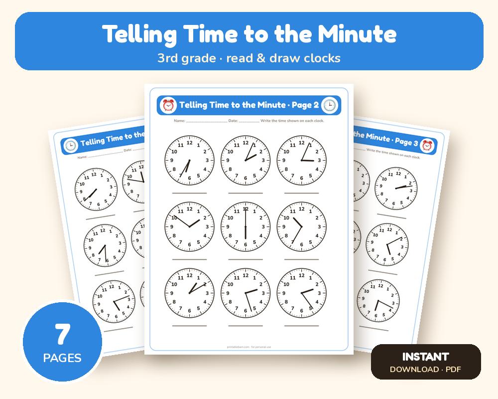 Telling Time to the Minute Worksheets: 6 Printable Pages with Clocks + Answer Key (3rd grade) printable preview 1