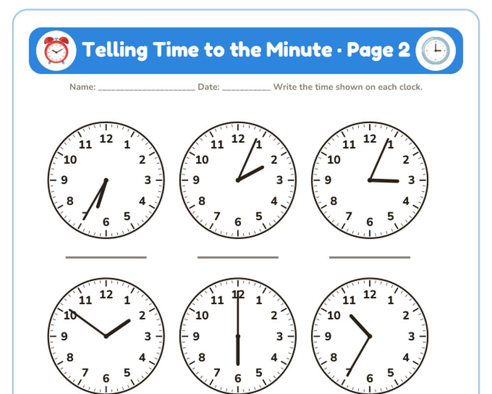 Free printable Telling Time to the Minute sample page