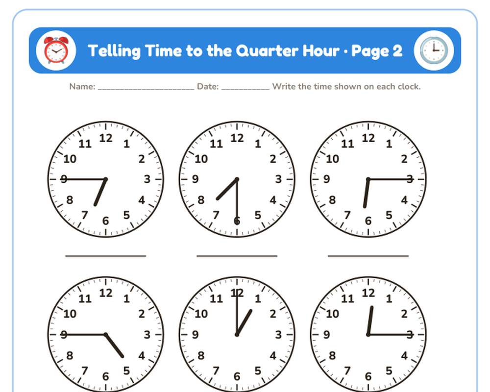Telling Time to the Quarter Hour Worksheets: 6 Printable Pages with Clocks + Answer Key (1st–2nd grade) printable preview 2