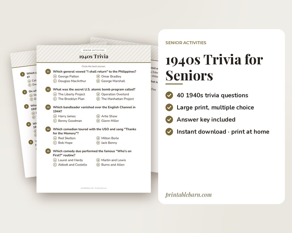 1940s Trivia for Seniors: 40 Large-Print Questions with Answer Key printable preview 1