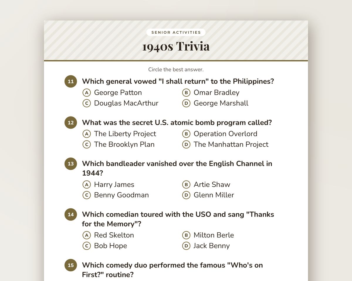 1940s Trivia for Seniors: 40 Large-Print Questions with Answer Key printable preview 2