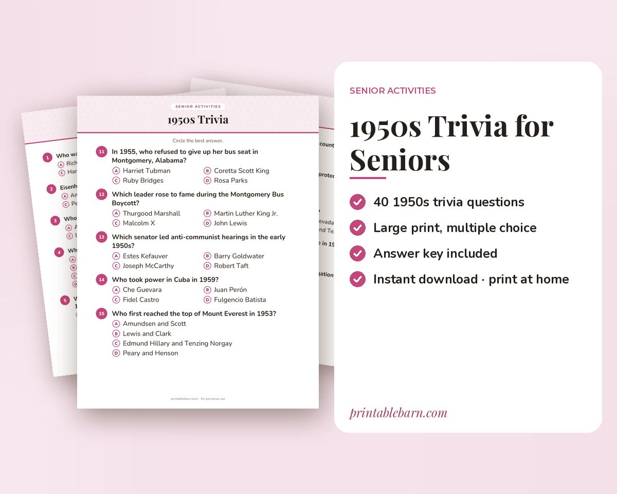 1950s Trivia for Seniors: 40 Large-Print Questions with Answer Key